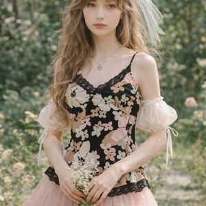 Vintage Inspired Floral Black Lace Trim Cami Top – Y2K Coquette Fairycore